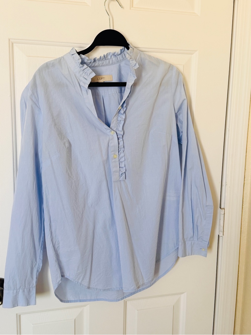LOFT Light Blue Ruffle Collar Button-Front Shirt